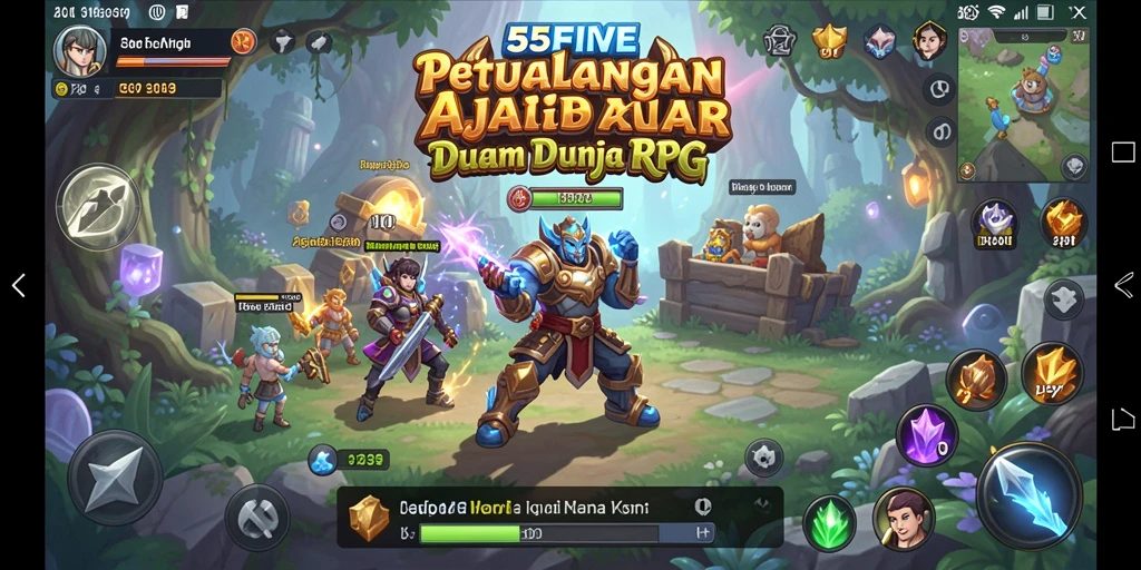 Screenshot gameplay RPG dari 55FIVE yang menampilkan pertempuran seru.