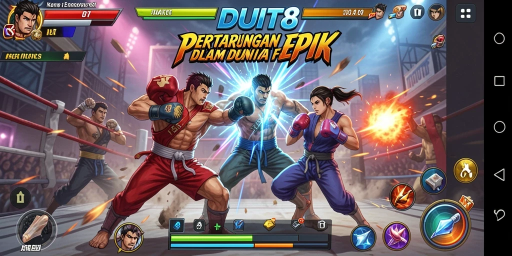 Tangkapan layar gameplay DUIT8 dengan aksi pertarungan yang mendebarkan.