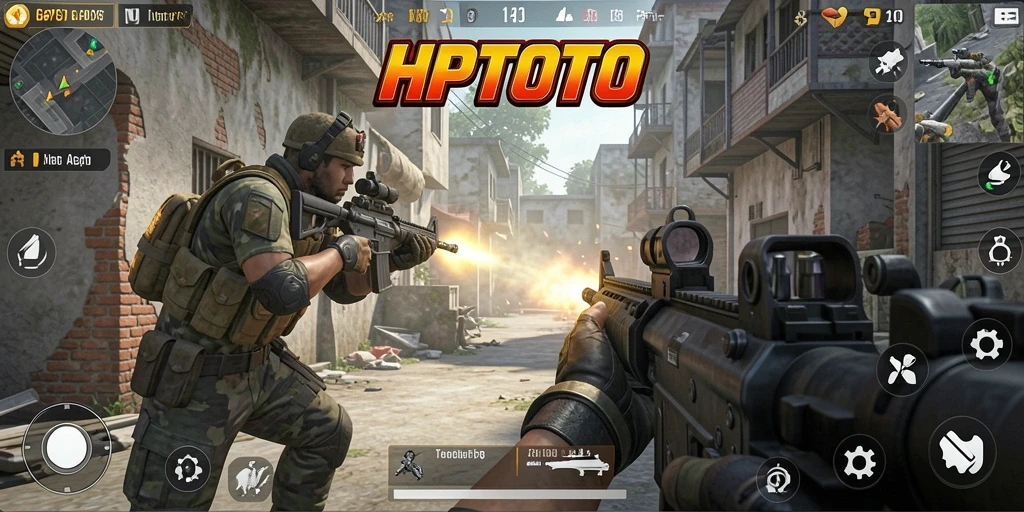 Screenshot menunjukkan aksi menembak intens dalam HPTOTO.