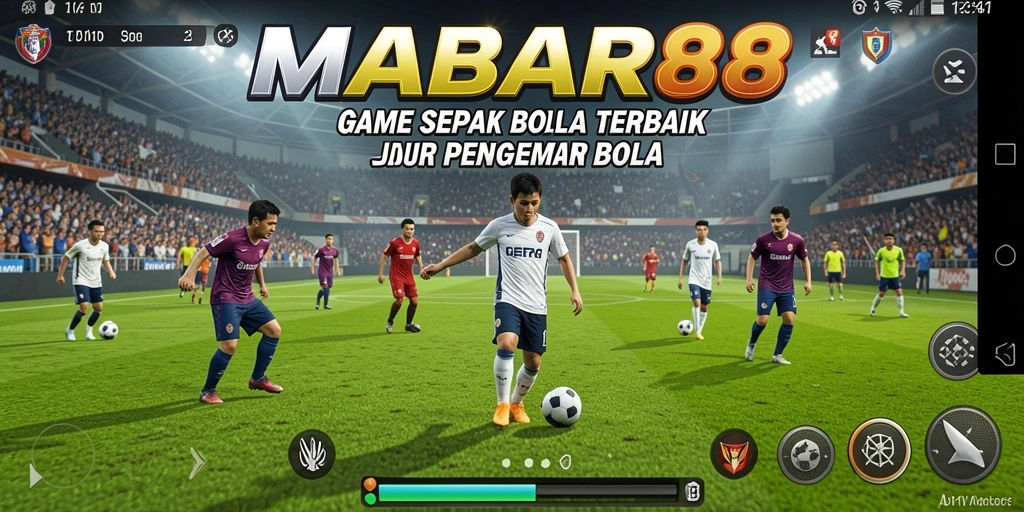 Tampilan gameplay MABAR88 yang epik dengan aksi sepak bola seru.