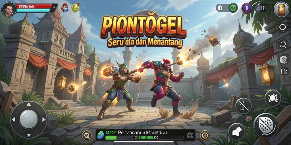 Screenshot gameplay PIONTOGEL menampilkan menara dan musuh yang sedang bertarung.